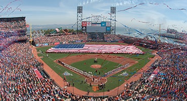 Opening Day in San Francisco with large flag