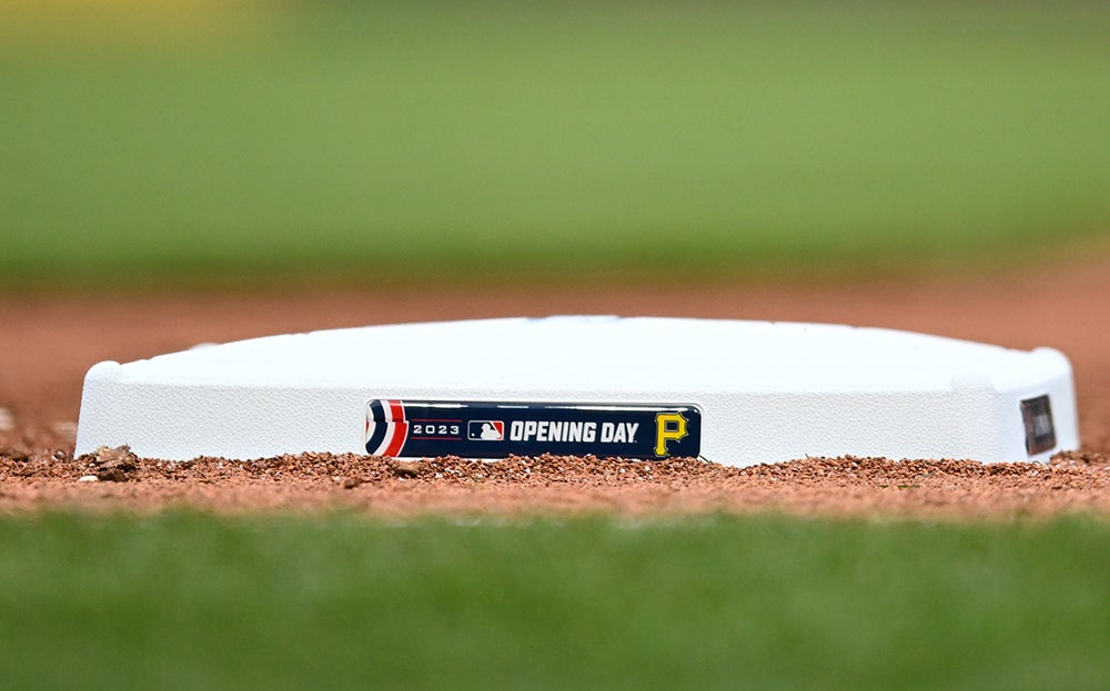 A base from Opening Day in Pittsburgh in 2023. Photo credit Joe Sargent/MLB Photos.