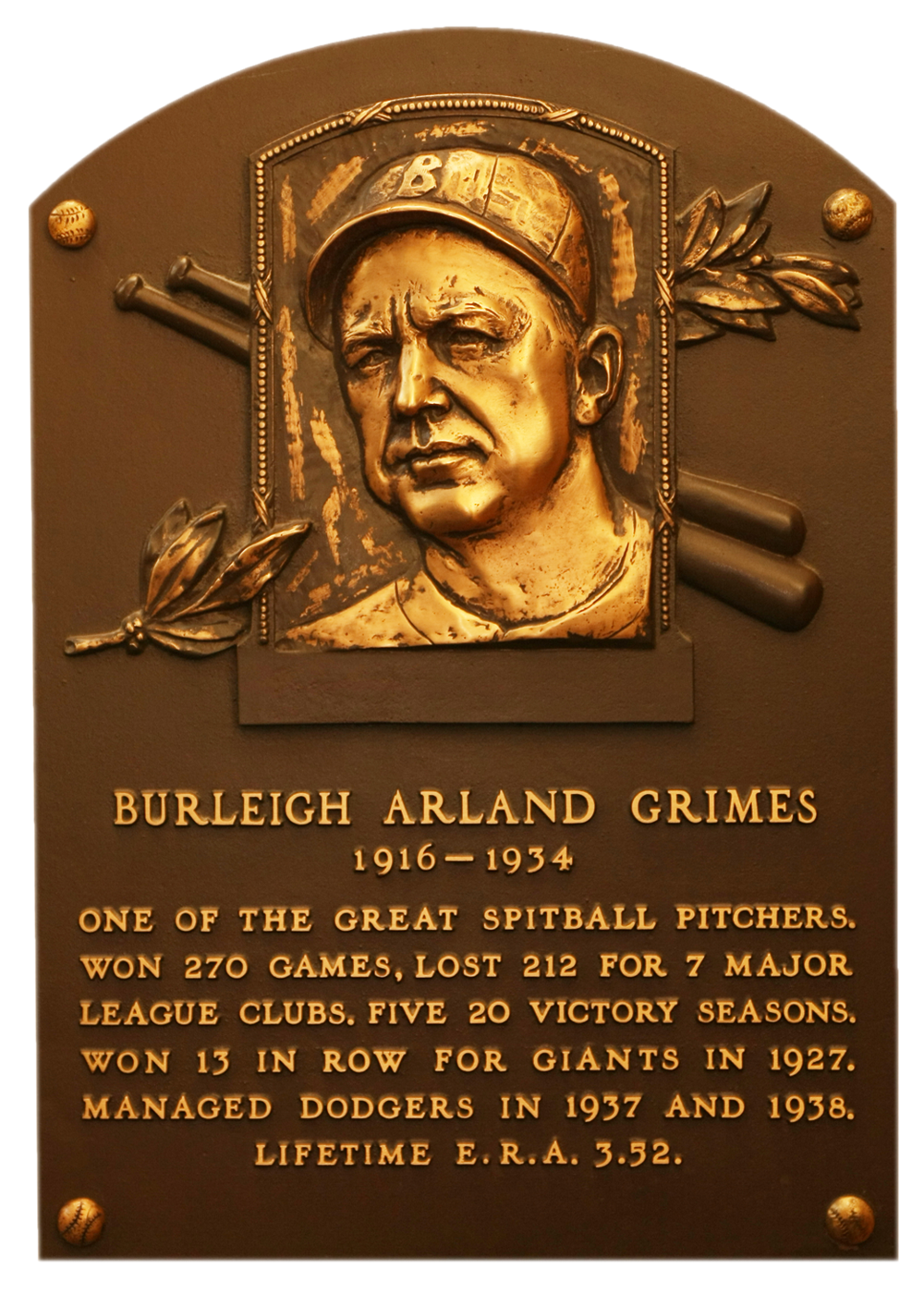  Burleigh Grimes Hall of Fame plaque