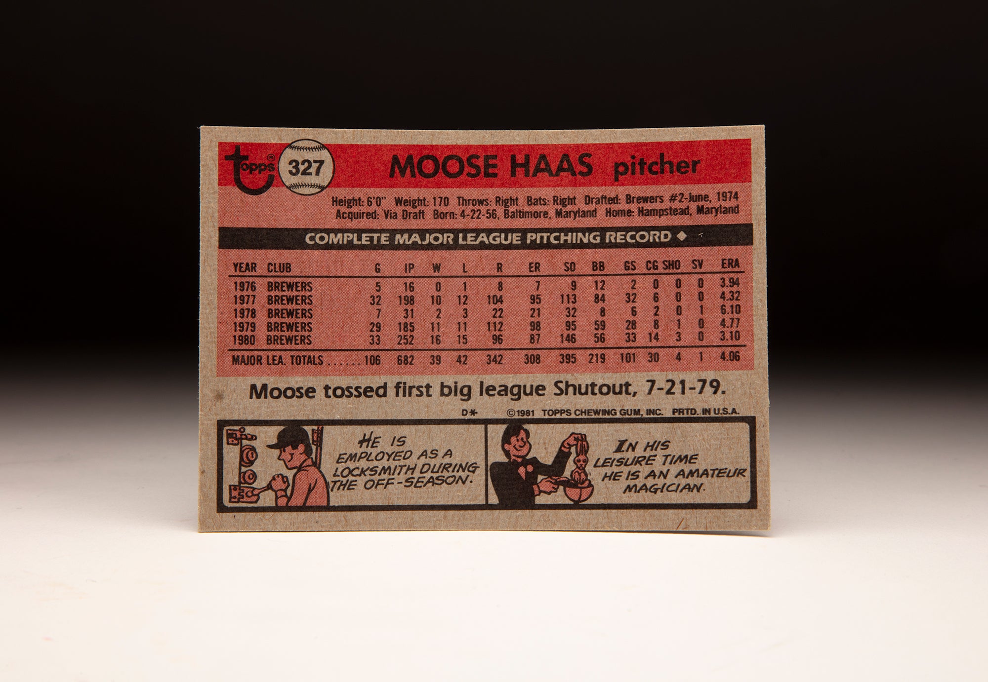 Back of 1981 Topps Moose Haas baseball card showing his statistics through the 1980 season. Fun facts: "He is employed as a locksmith during the off-season." and "In his leisure time he is an amateur magician."