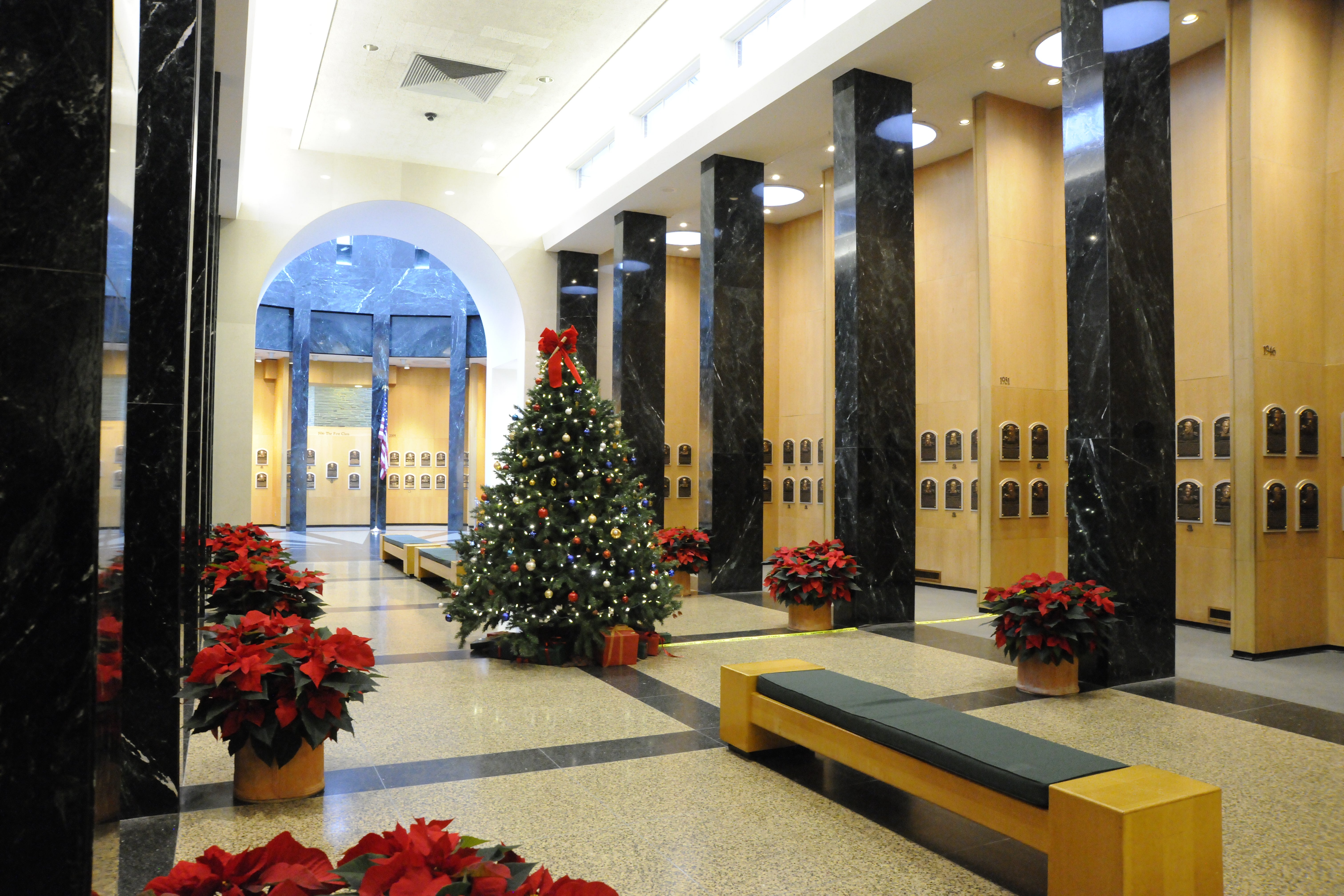 Hall of Fame Plaque Gallery decorated with a Christmas Tree.