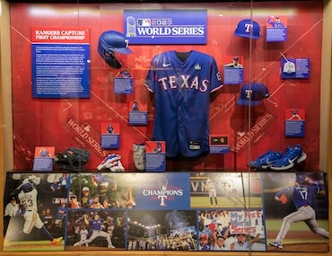 World Series exhibit with artifacts from the Rangers' 2023 victory