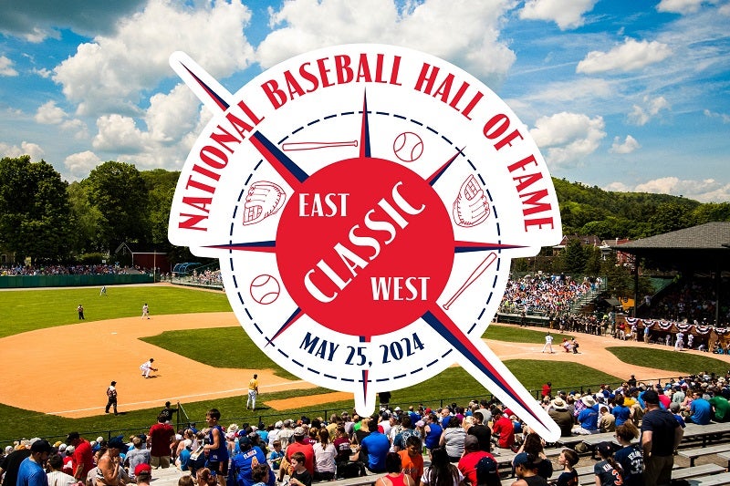 East-West logo with Doubleday Field in the background