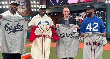 CC Sabathia, Harold Reynolds, Josh Rawitch and Chris Young with Negro Leagues jerseys