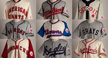 Collage of Negro Leagues jerseys with East-West Classic patches