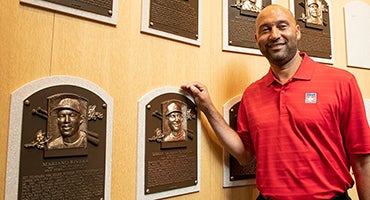 Derek Jeter with his Hall of Fame plaque