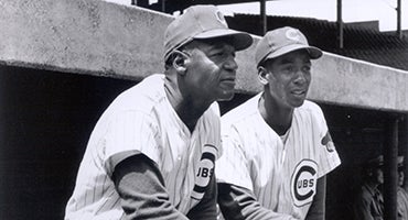 Buck O'Neil and Ernie Banks in Cubs dugout