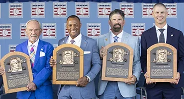 From l to r: Jim Leyland, Adrian Beltre, Todd Helton and Joe Mauer with their Hall of Fame Plaques