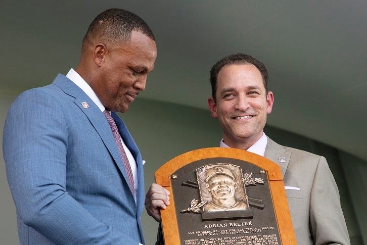 Adrian Beltre and Josh Rawitch with Adrian's HOF plaque