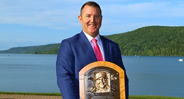 Jim Thome holds his Hall of Fame plaque