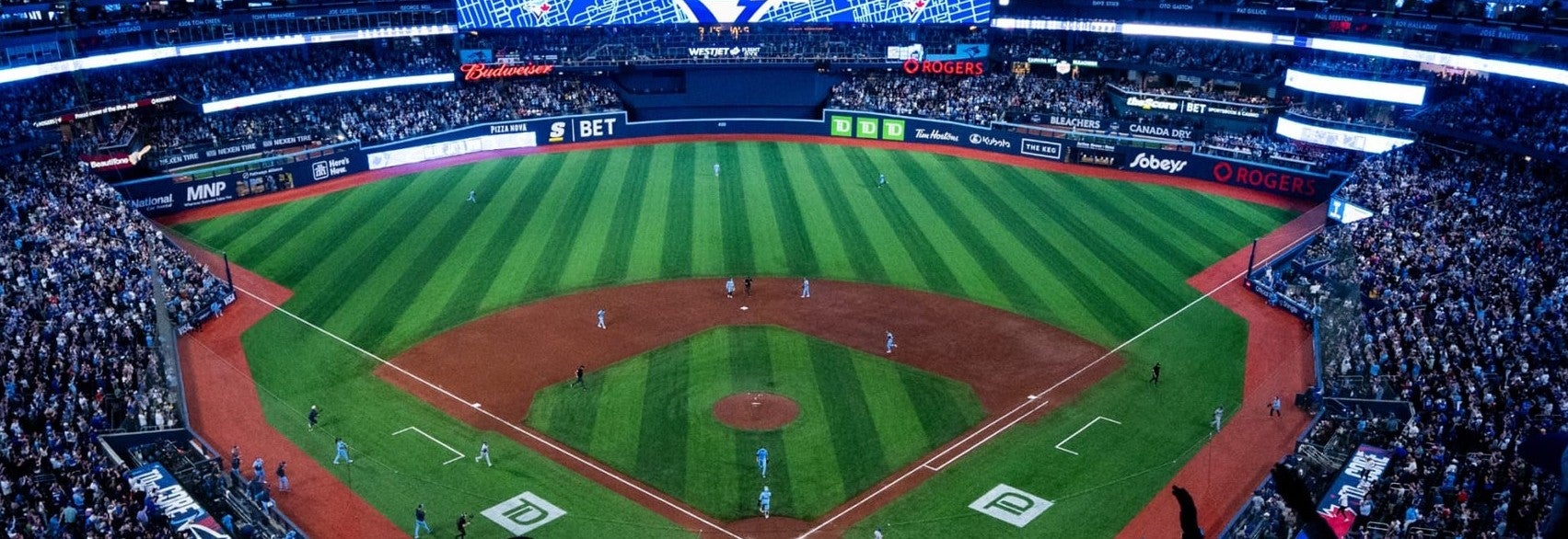 View of the field at the Rogers Centre from the upper deck behind home plate