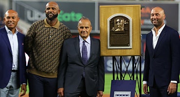 Mariano Rivera, CC Sabathia and Joe Torre with Derek Jeter's plaque