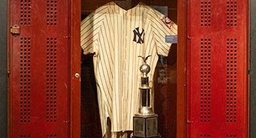 Yankees jersey on exhibit in Lou Gehrig locker