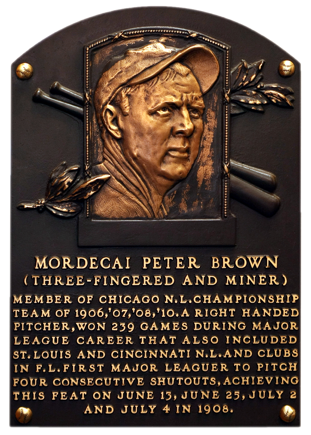 Mordecai Brown Hall of Fame plaque