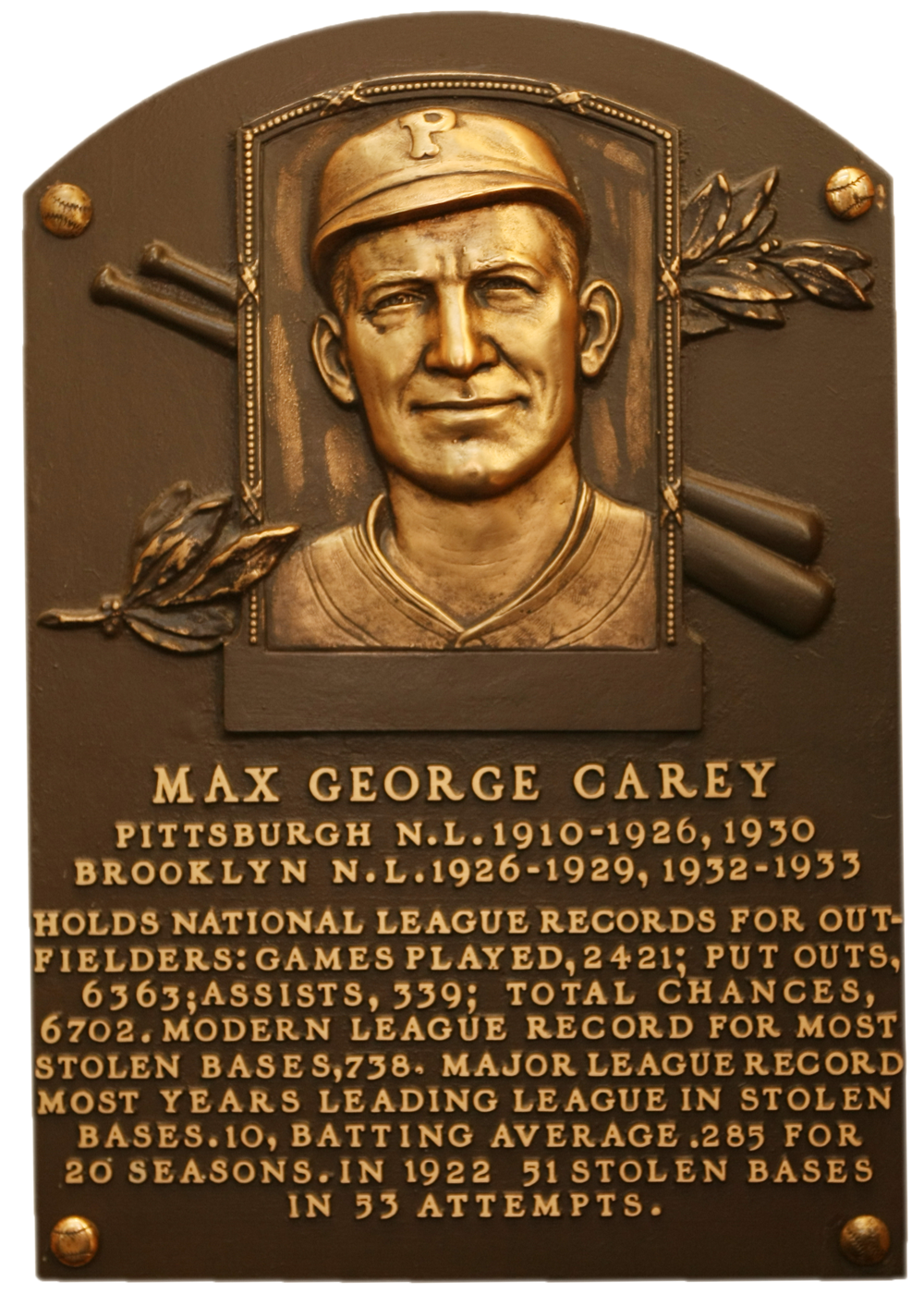 Max Carey Hall of Fame plaque
