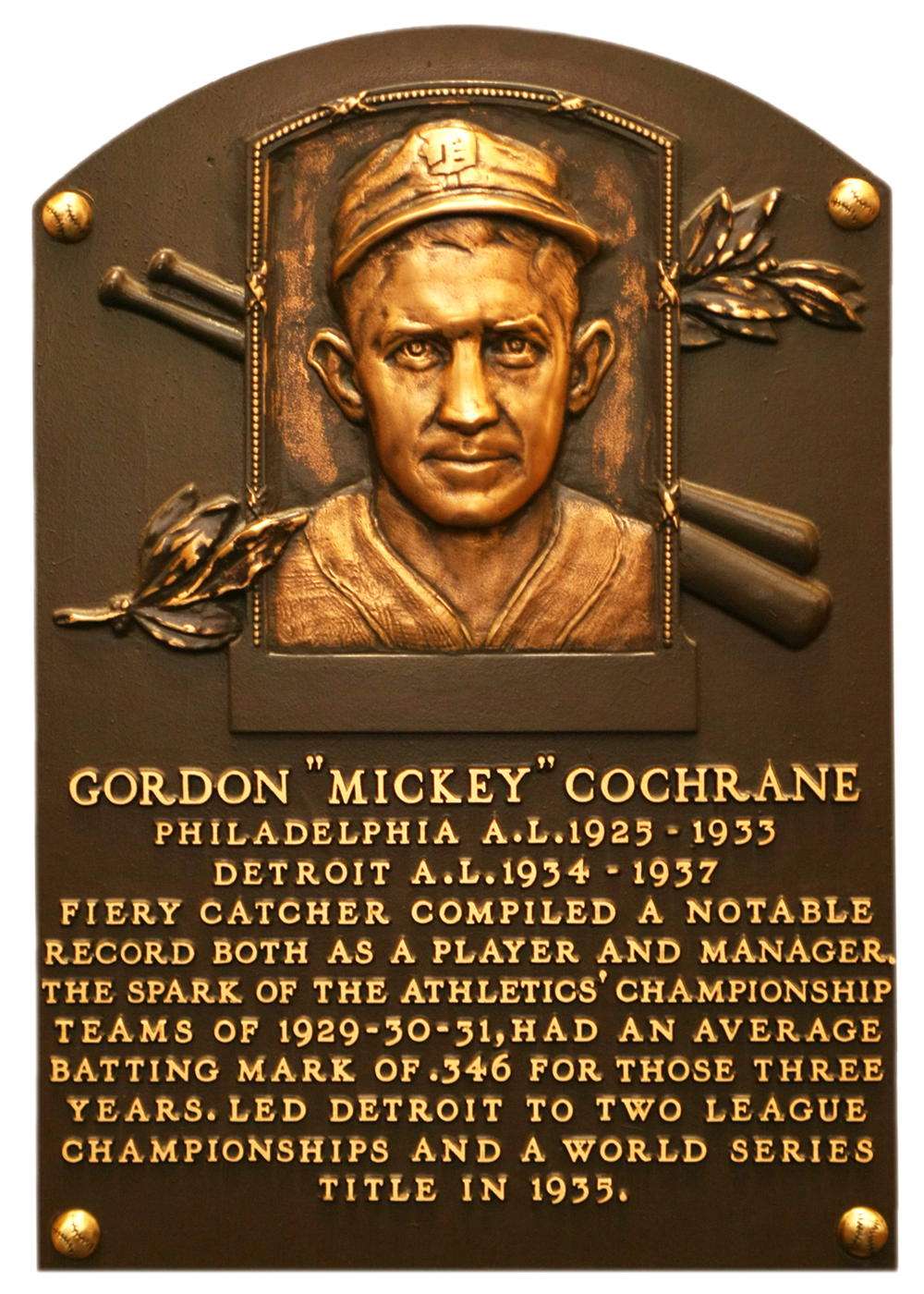 Mickey Cochrane Hall of Fame plaque