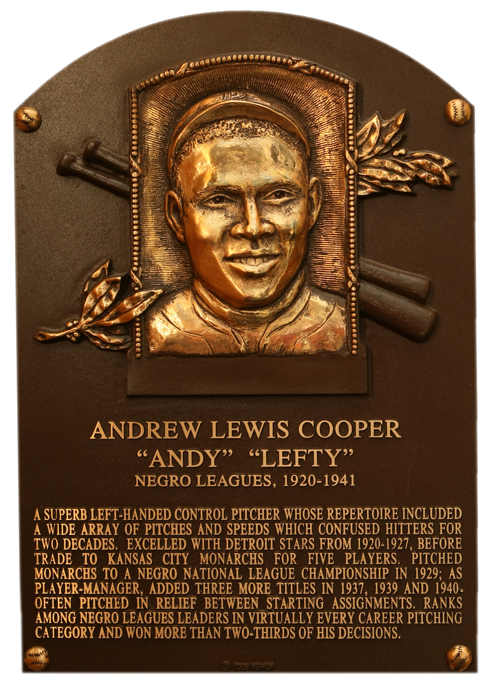 Andy Cooper Hall of Fame plaque