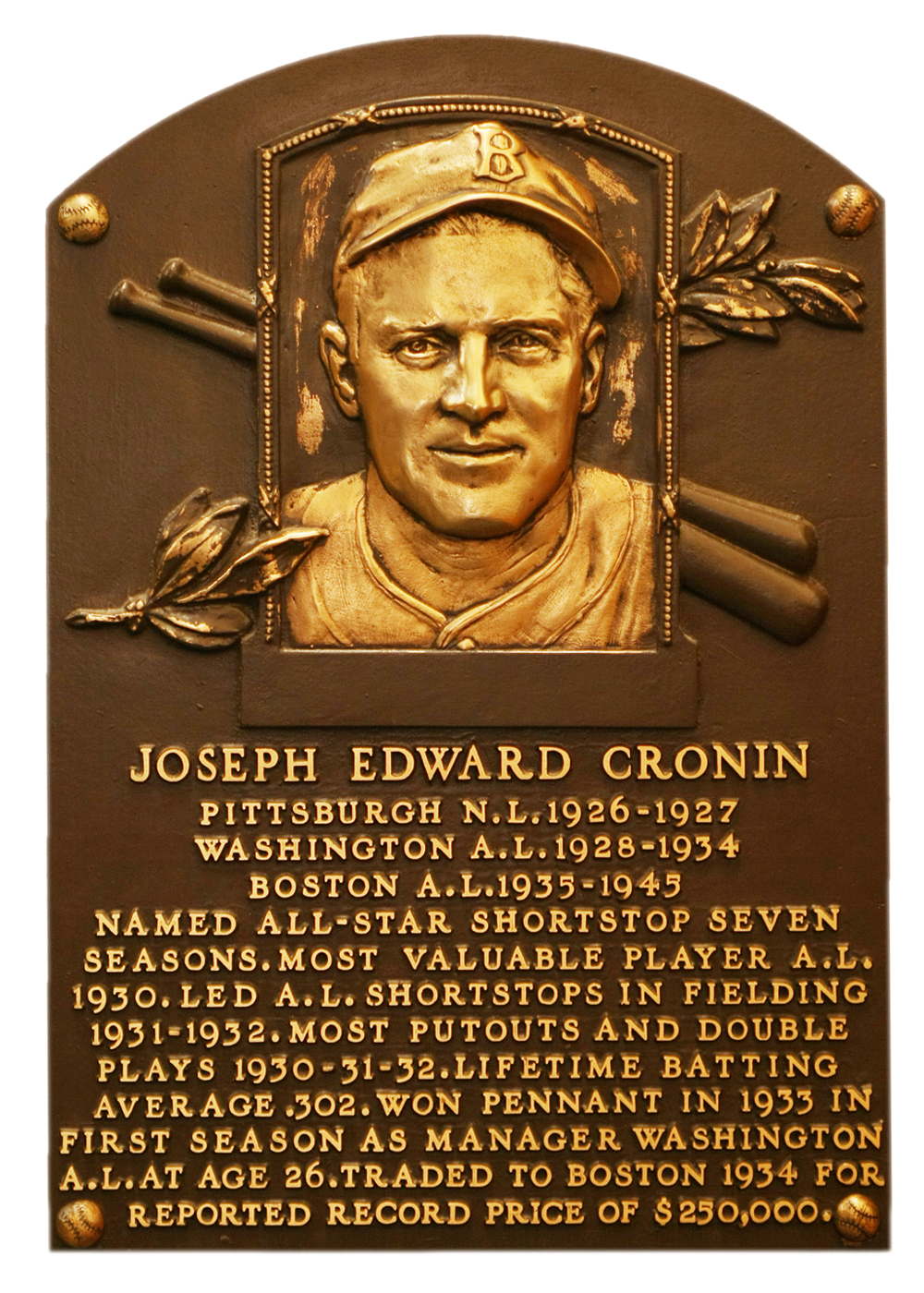 Joe Cronin Hall of Fame plaque