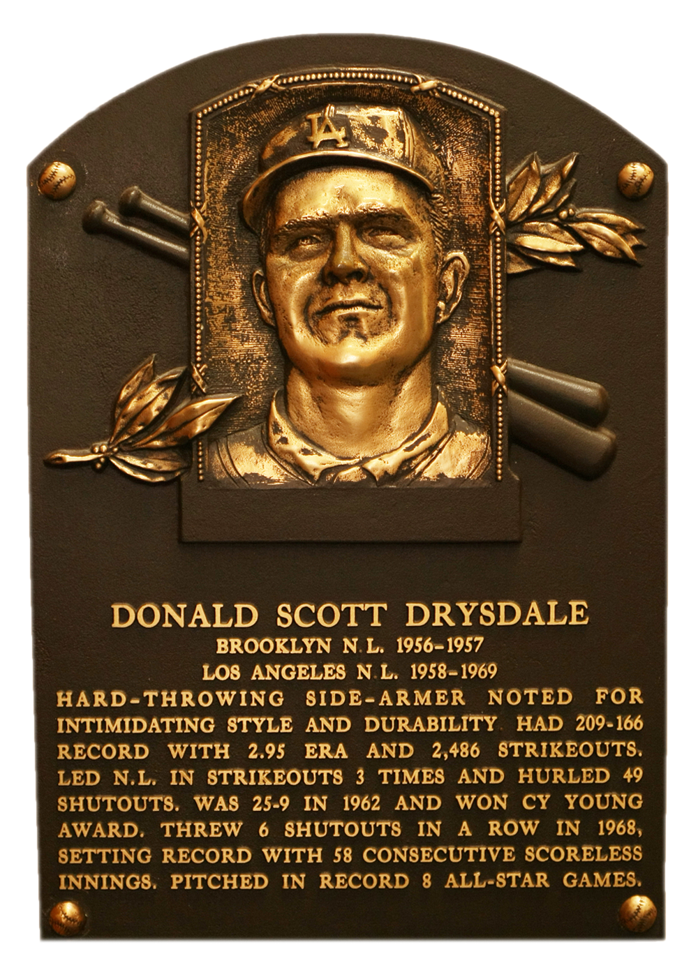 Don Drysdale Hall of Fame plaque