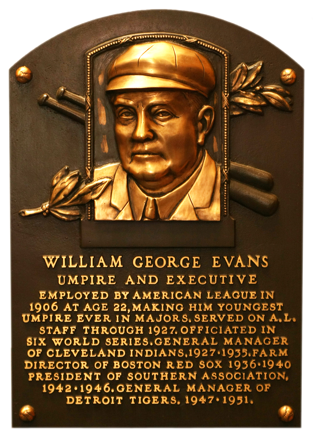 Billy Evans Hall of Fame plaque