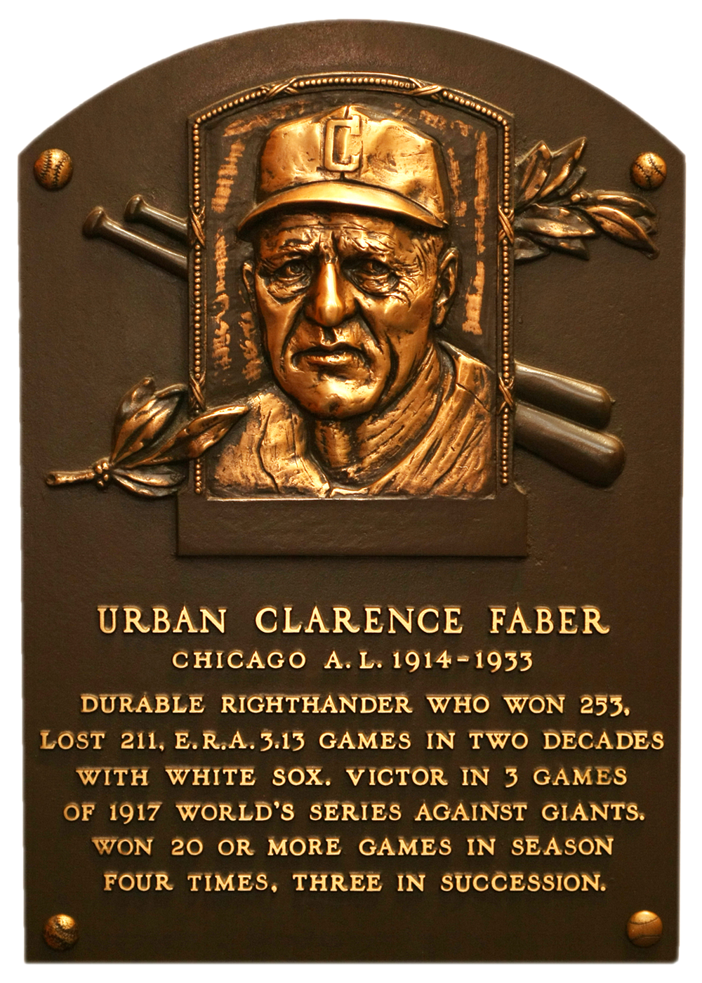 Red Faber Hall of Fame plaque