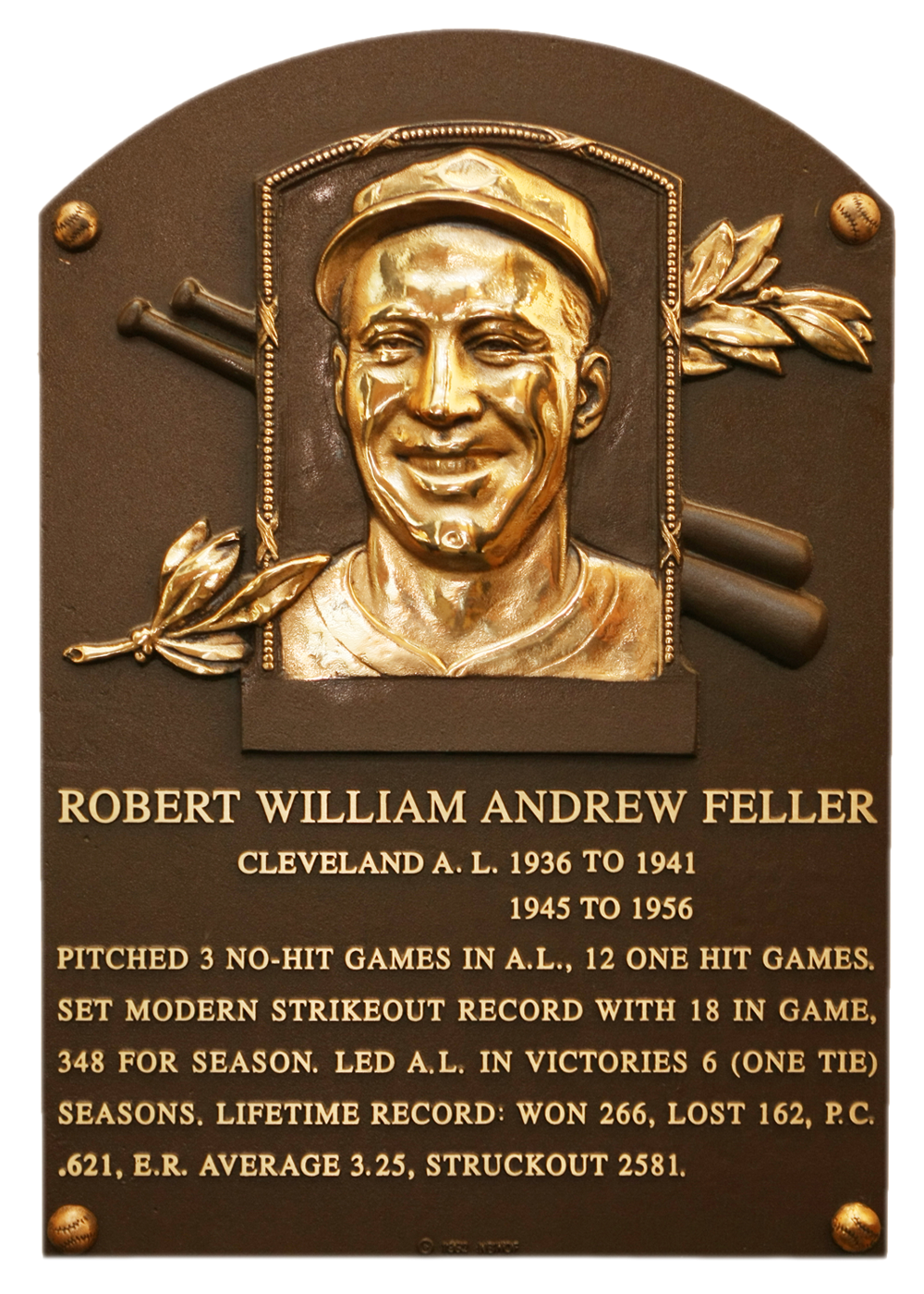Bob Feller Hall of Fame plaque