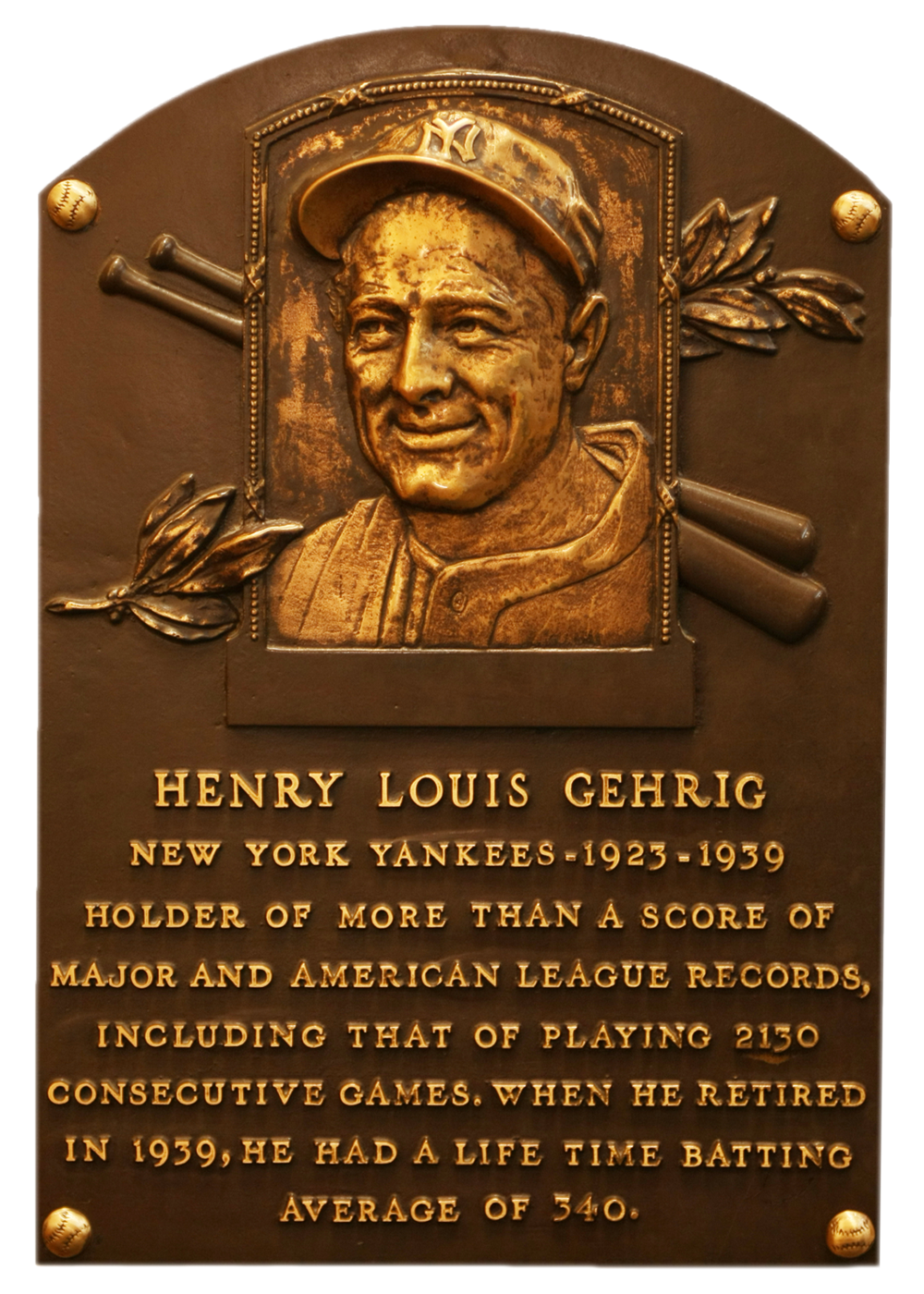 Lou Gehrig Hall of Fame plaque
