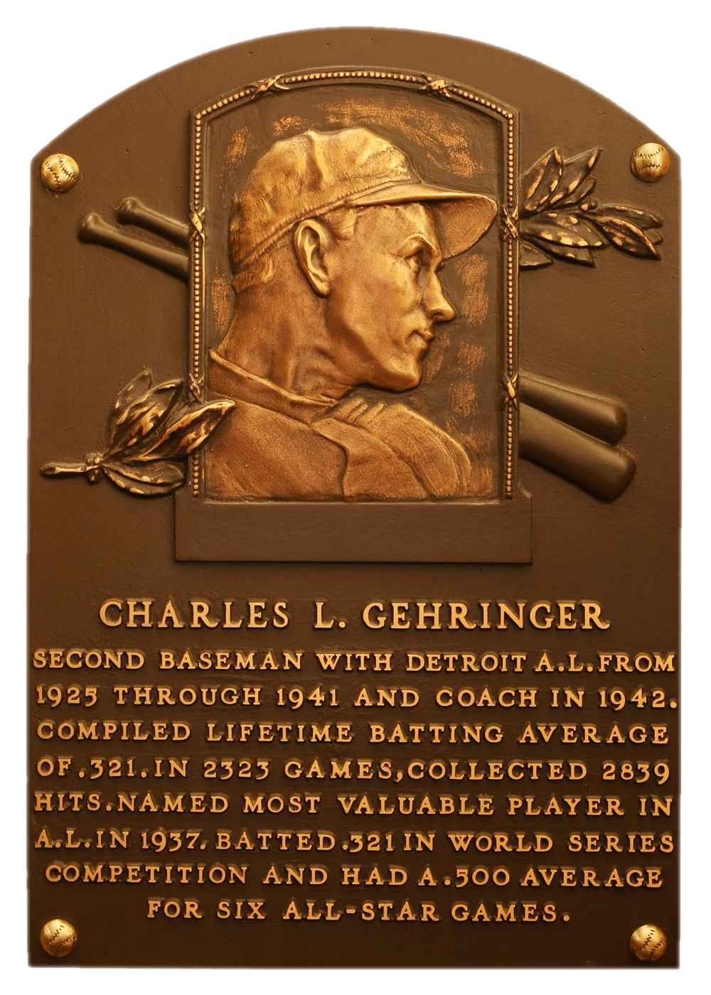 Charlie Gehringer Hall of Fame plaque