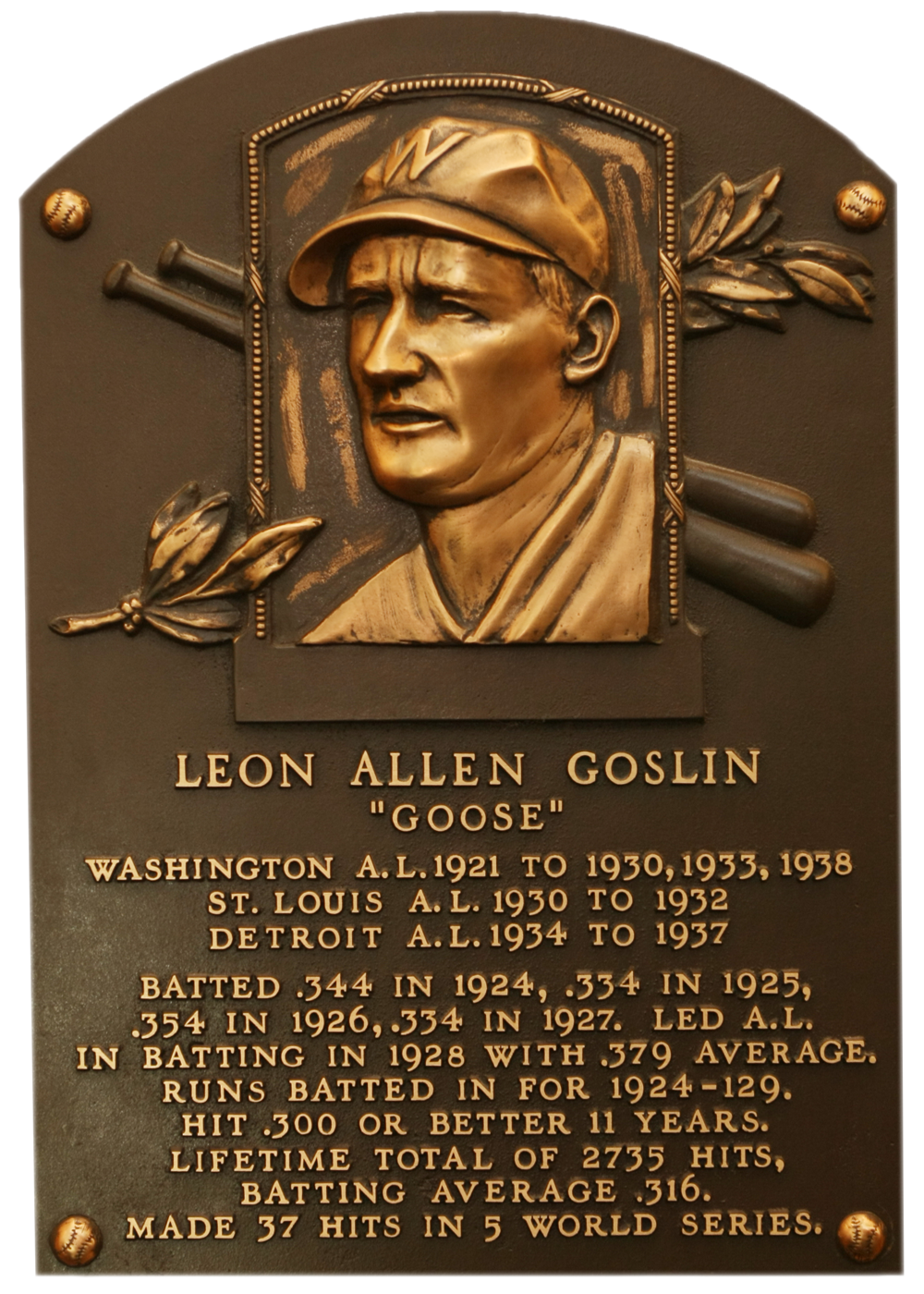 Goose Goslin Hall of Fame plaque