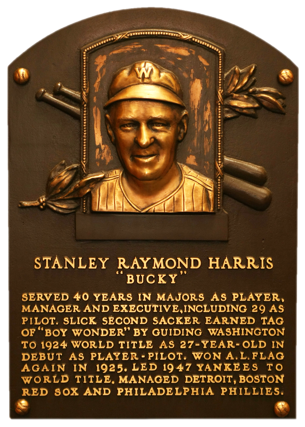 Bucky Harris Hall of Fame plaque