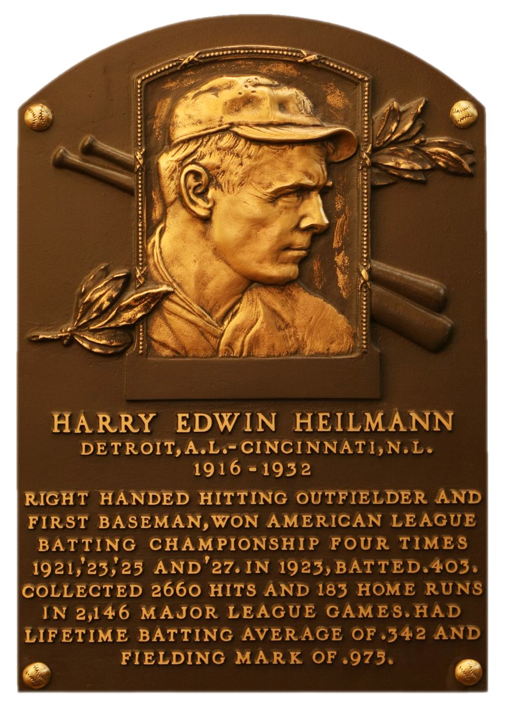 Harry Heilmann Hall of Fame plaque