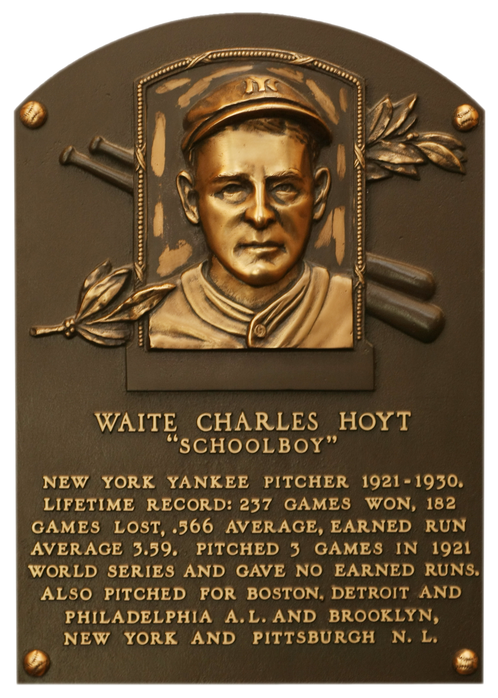 Waite Hoyt Hall of Fame plaque