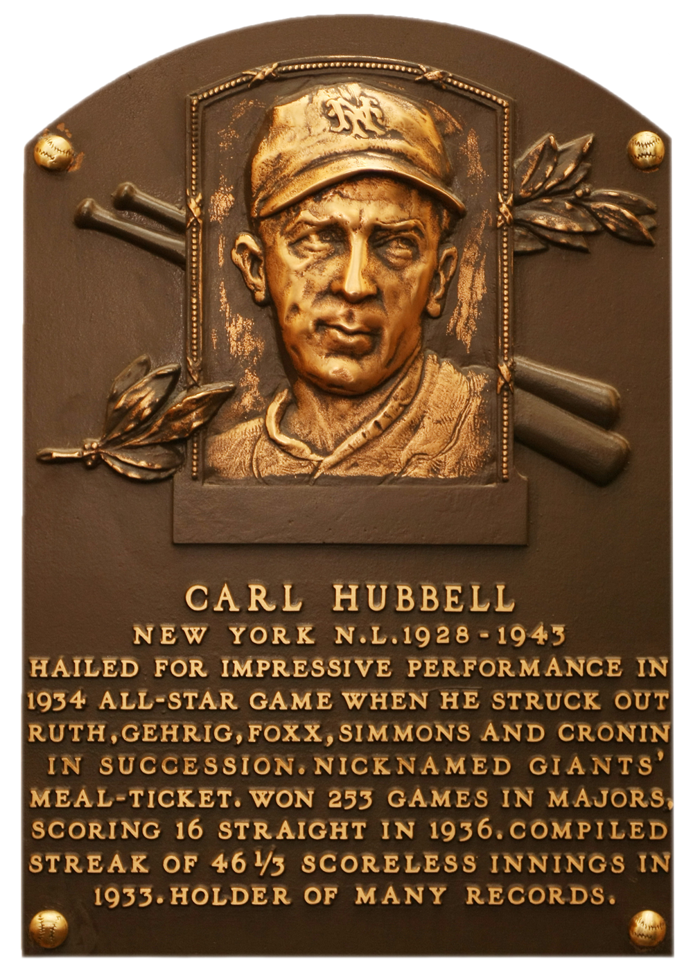 Carl Hubbell Hall of Fame plaque