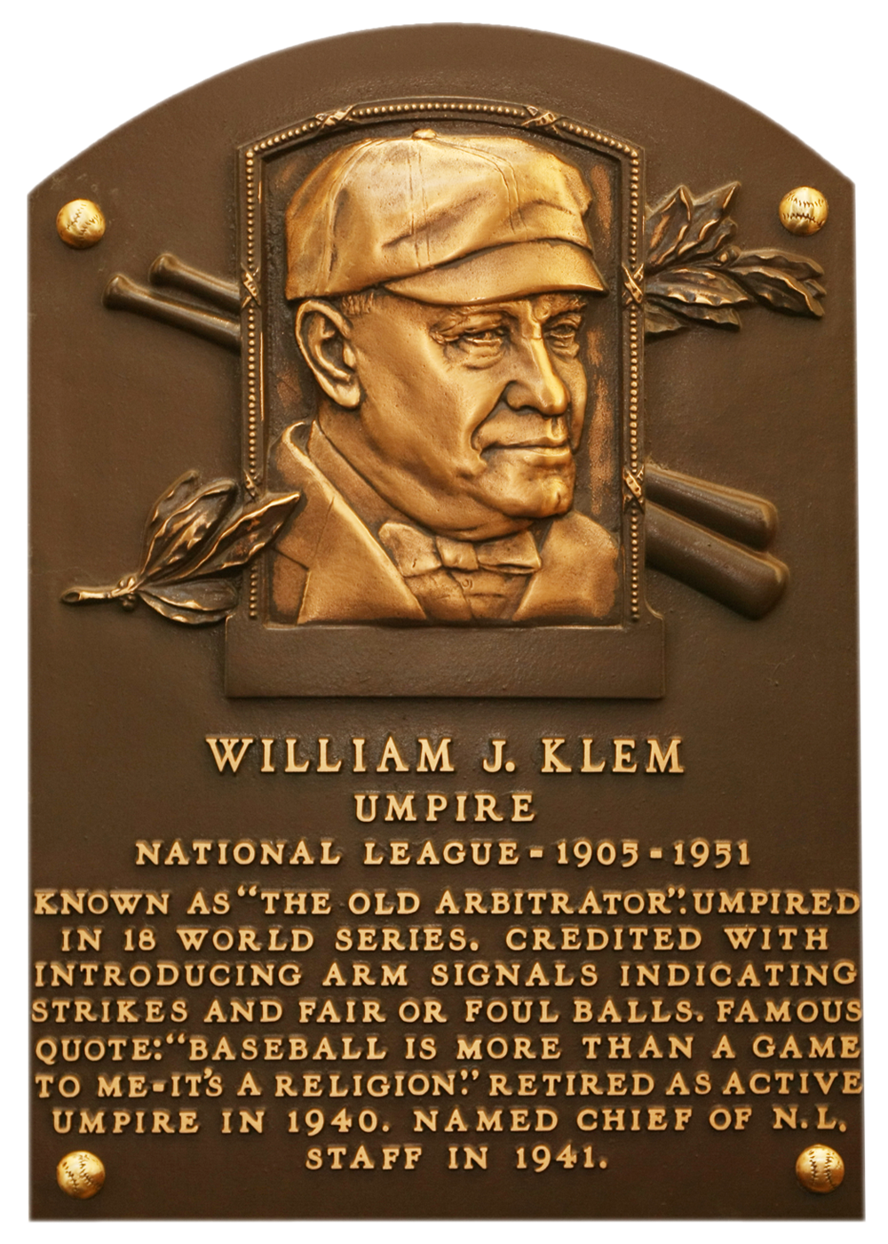 Bill Klem Hall of Fame plaque