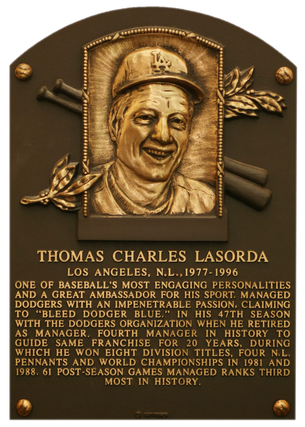 Tommy Lasorda Hall of Fame plaque