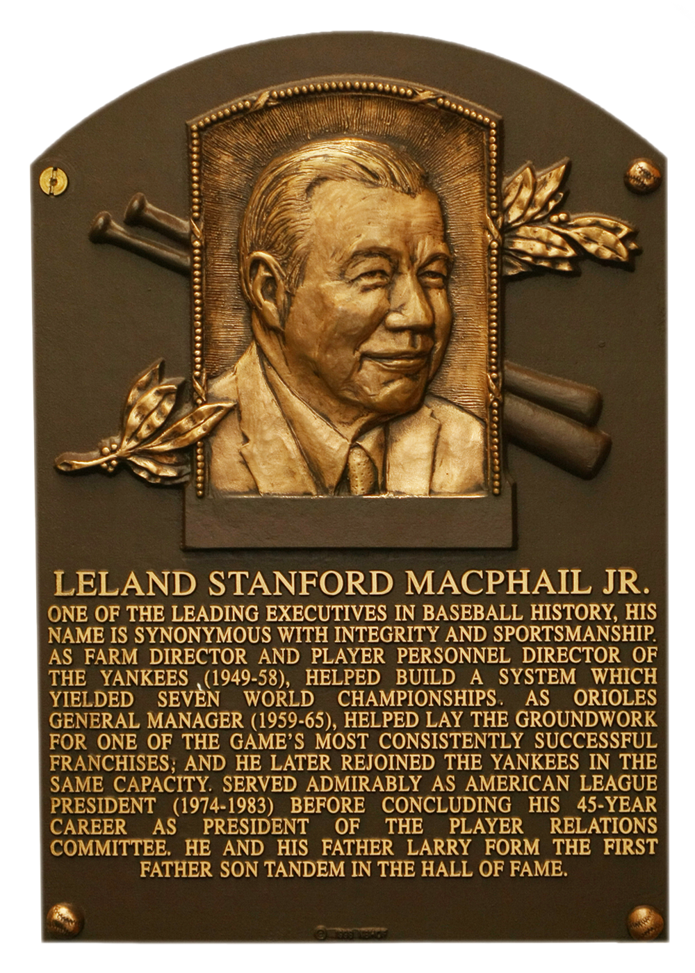 Lee MacPhail Hall of Fame plaque