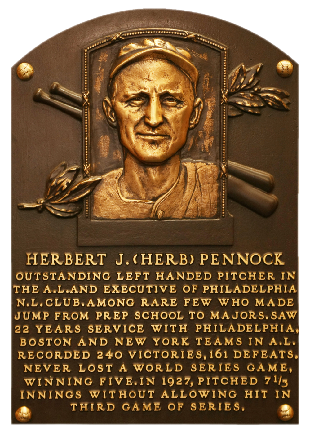 Herb Pennock Hall of Fame plaque