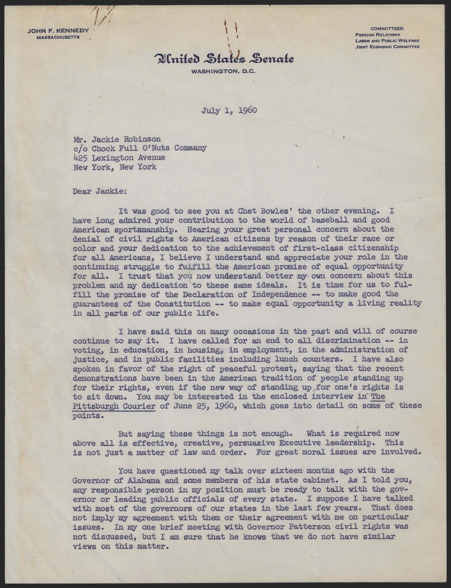 JFK’s letter to Jackie Robinson
