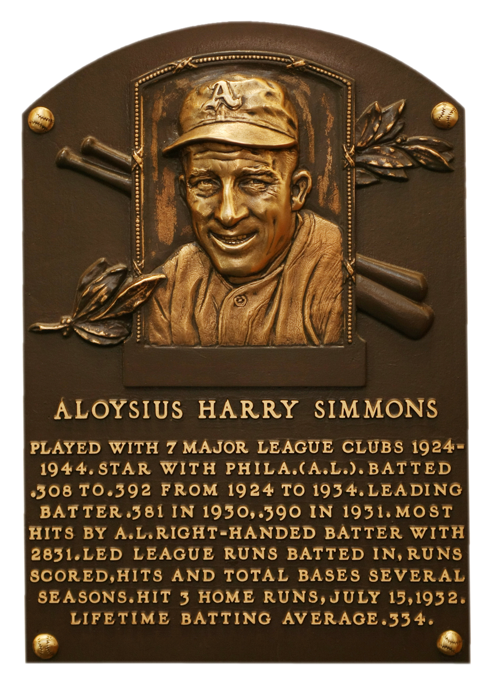 Al Simmons Hall of Fame plaque