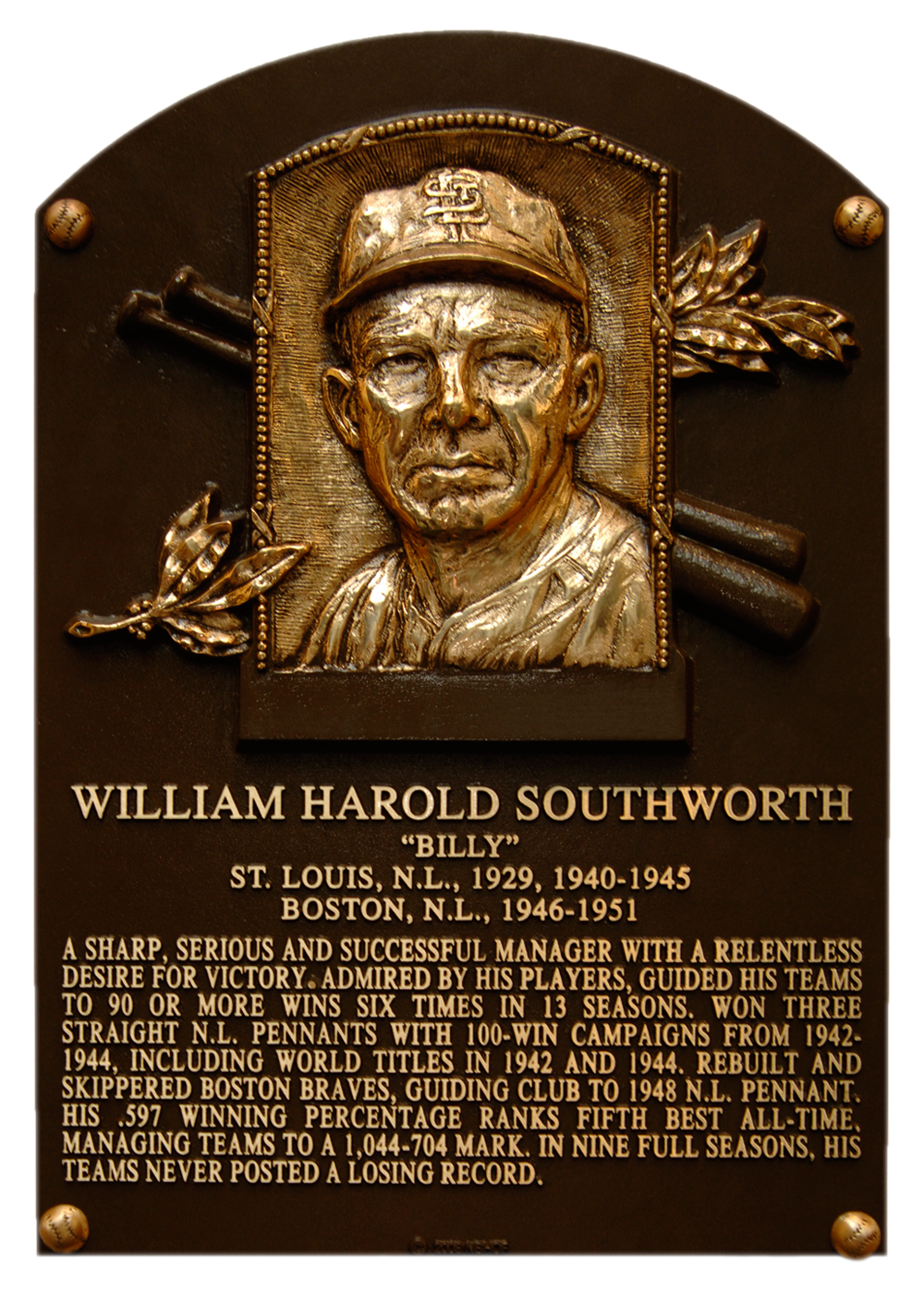 Billy Southworth Hall of Fame plaque