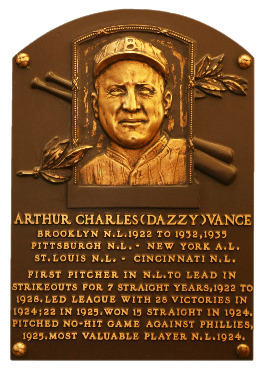 Dazzy Vance Hall of Fame plaque
