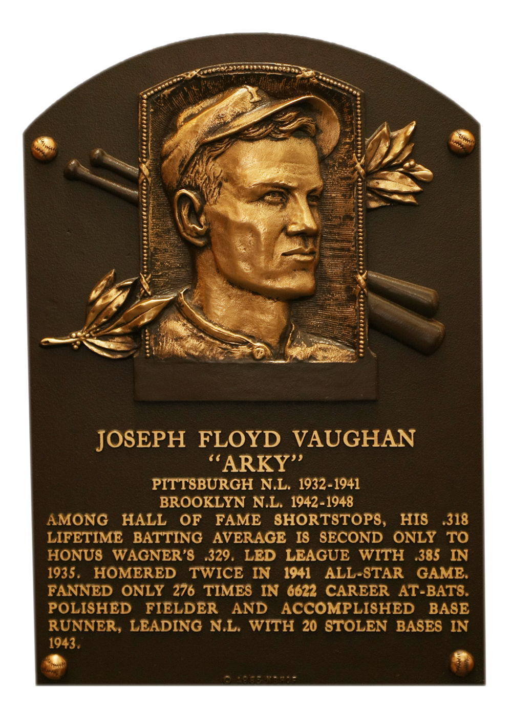 Arky Vaughan Hall of Fame plaque