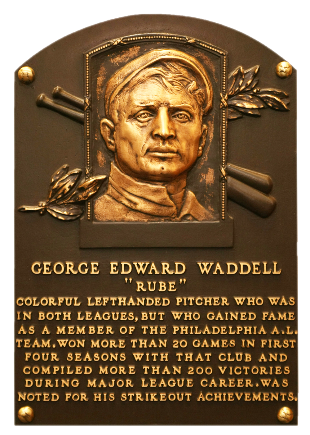 Rube Waddell Hall of Fame plaque