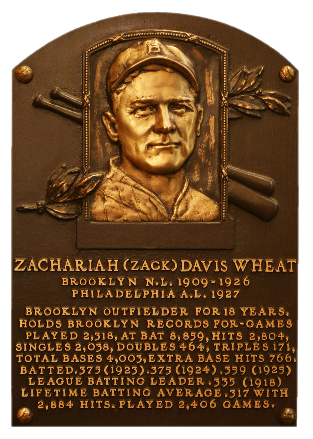 Zack Wheat Hall of Fame plaque