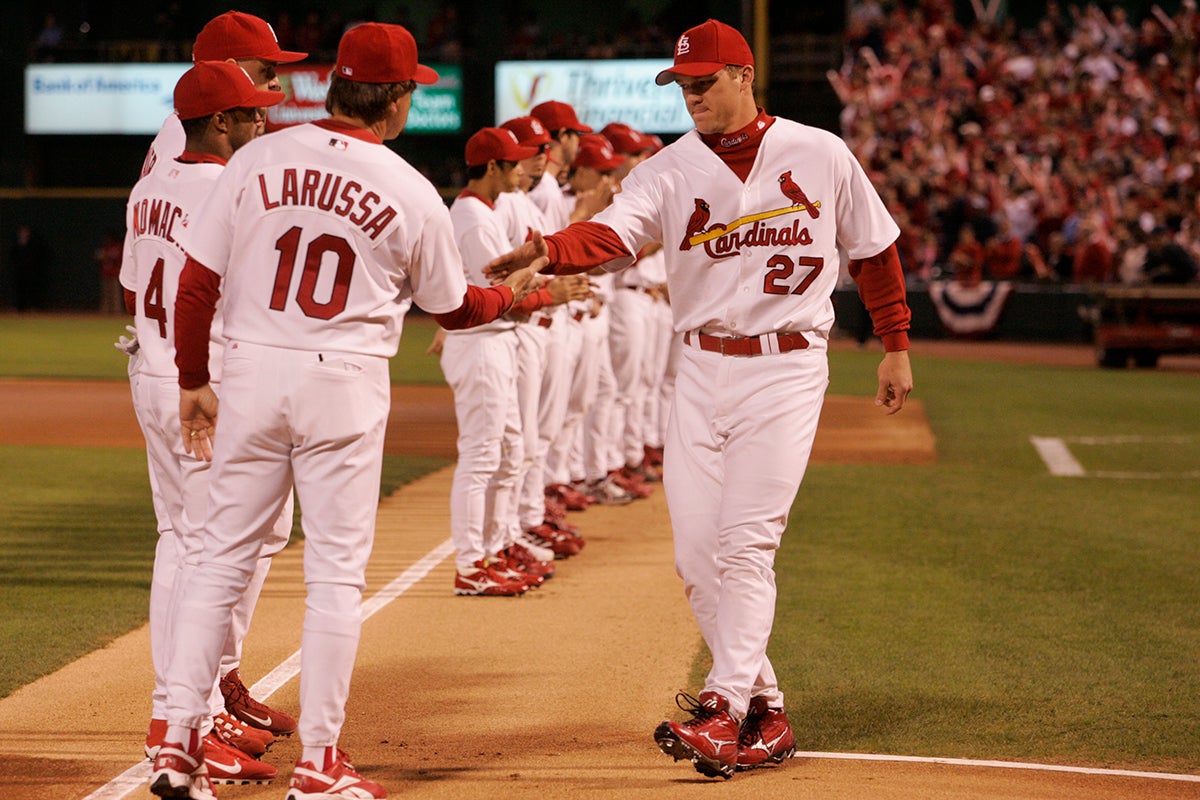 Tony La Russa and Scott Rolen are introduced during 2004 National League Championship Series
