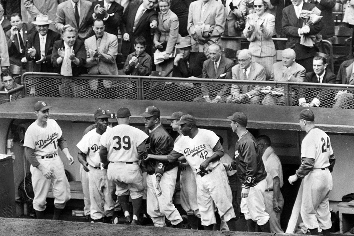 Jackie Robinson in Brooklyn Dodgers dugout