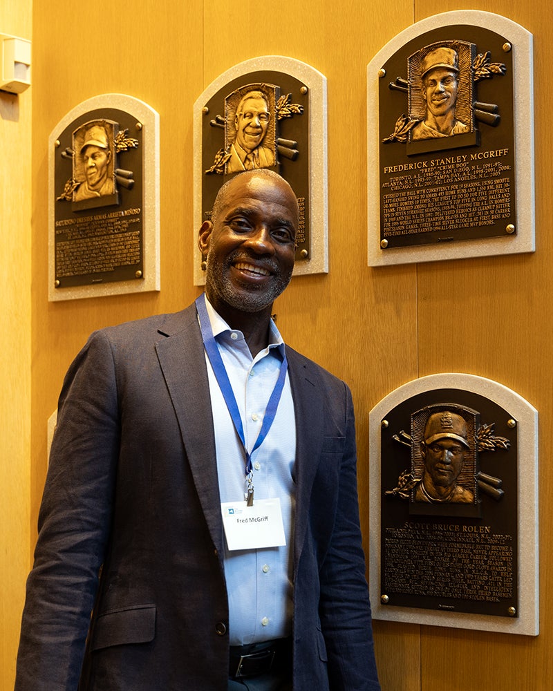 Fred McGriff stands at his Hall of Fame plaque