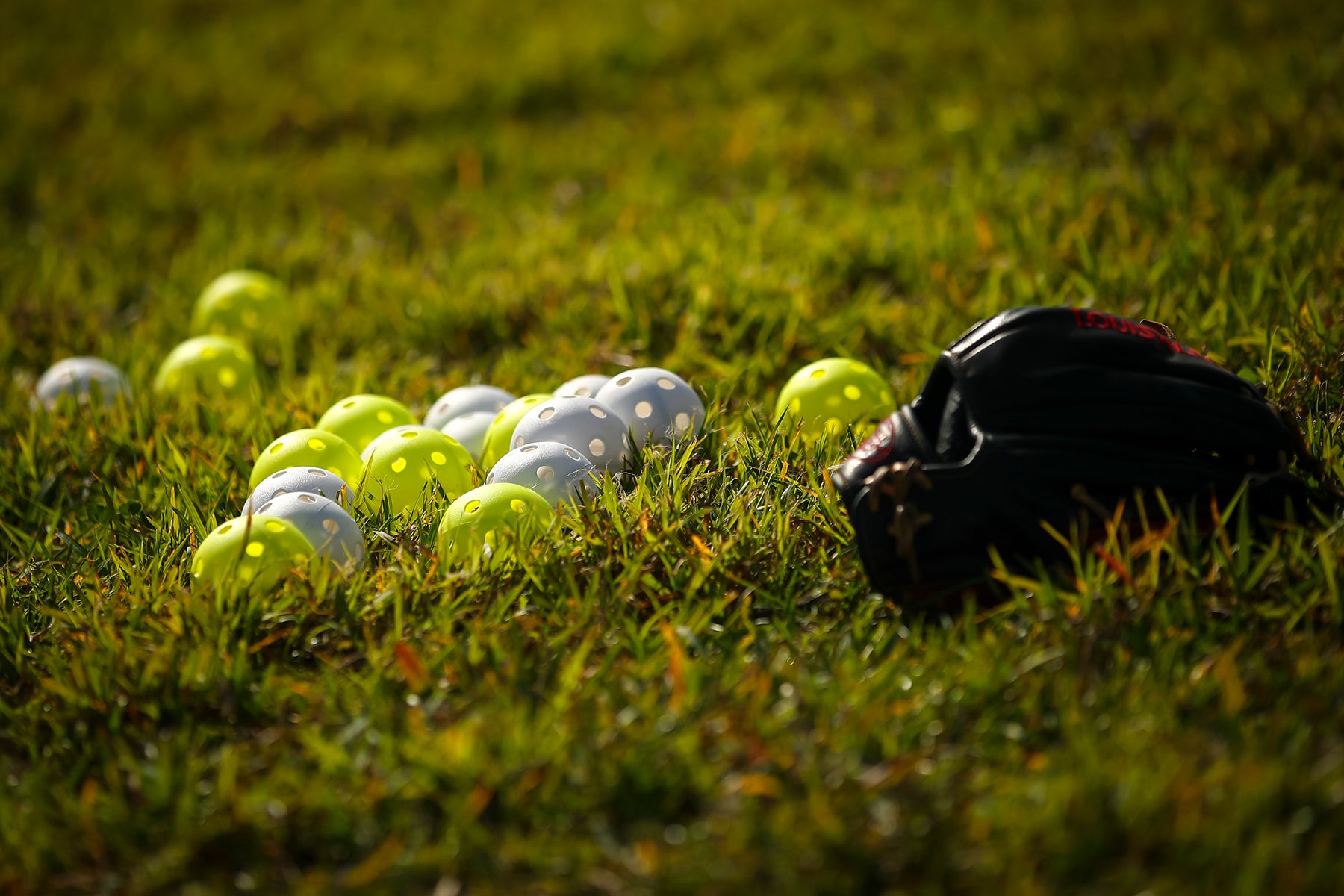 Wiffle balls and glove on field