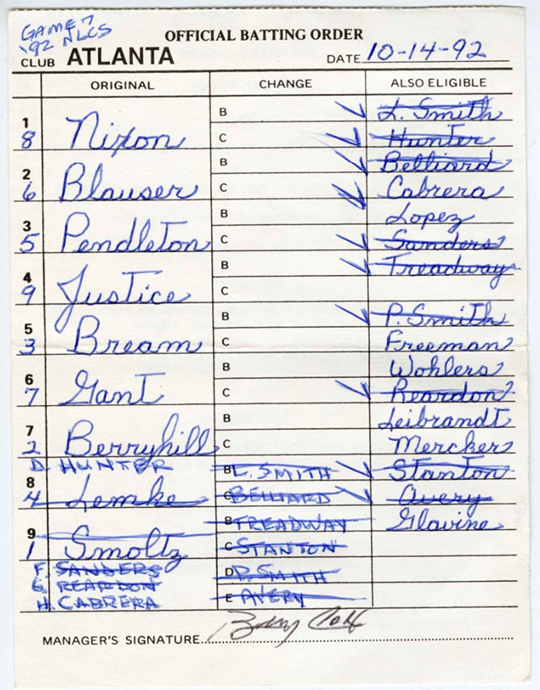 Atlanta Braves lineup card kept by Randy Marsh on October 14, 1992