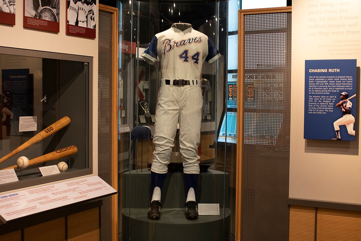 Hank Aaron Braves uniform in Chasing the Dream exhibit